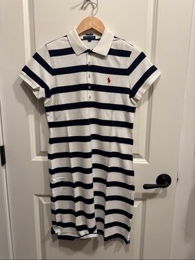 Ralph Lauren White & Navy Striped Polo Dress with Red Pony